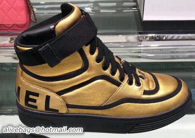 Stylish Chanel Logo Satin Finish Lambskin High-top Sneakers G35062 Metallic Gold/Black 2019