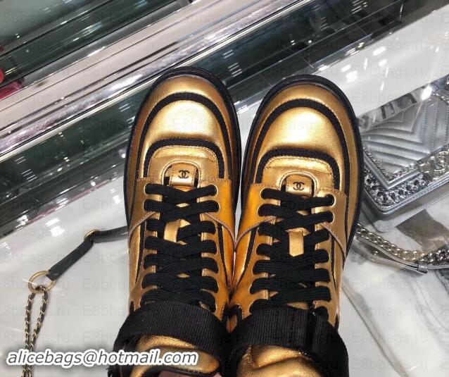 Stylish Chanel Logo Satin Finish Lambskin High-top Sneakers G35062 Metallic Gold/Black 2019