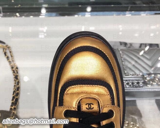 Stylish Chanel Logo Satin Finish Lambskin High-top Sneakers G35062 Metallic Gold/Black 2019