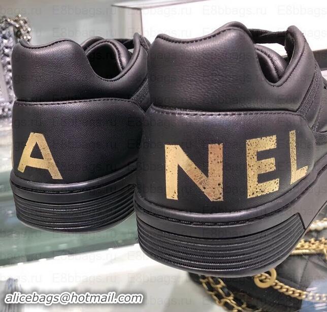 Perfect Chanel Logo Satin Finish Lambskin Sneakers G35063 Black 2019