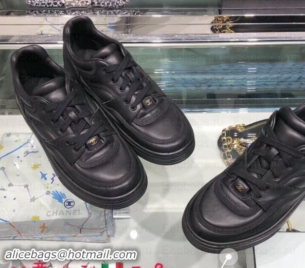 Perfect Chanel Logo Satin Finish Lambskin Sneakers G35063 Black 2019