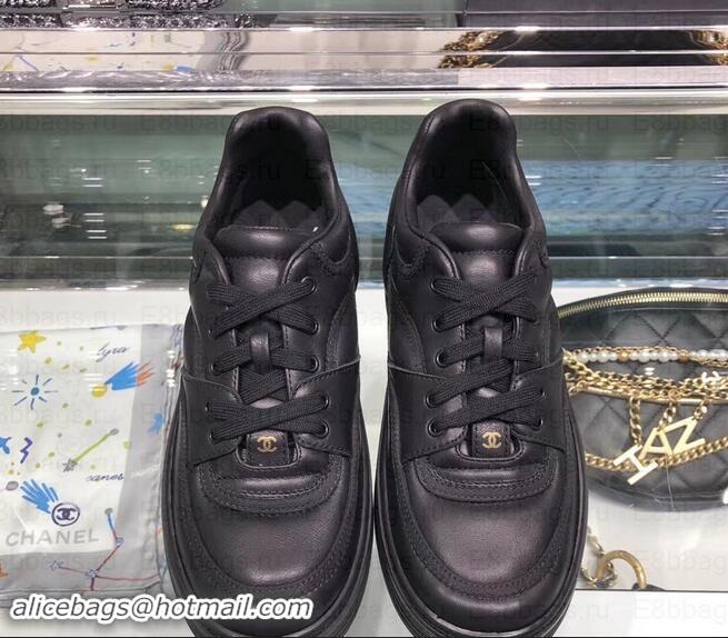 Perfect Chanel Logo Satin Finish Lambskin Sneakers G35063 Black 2019