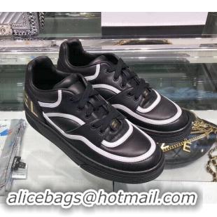 Most Popular Chanel Logo Satin Finish Lambskin Sneakers G35063 Black/White 2019