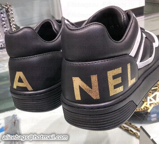 Most Popular Chanel Logo Satin Finish Lambskin Sneakers G35063 Black/White 2019