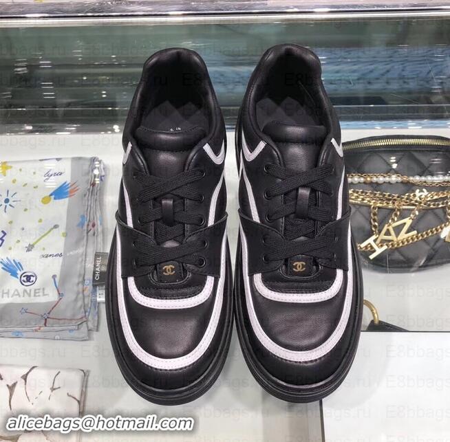 Most Popular Chanel Logo Satin Finish Lambskin Sneakers G35063 Black/White 2019