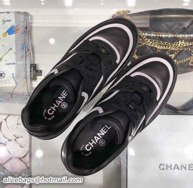 Most Popular Chanel Logo Satin Finish Lambskin Sneakers G35063 Black/White 2019