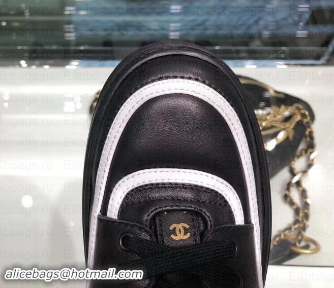 Most Popular Chanel Logo Satin Finish Lambskin Sneakers G35063 Black/White 2019