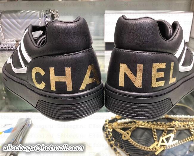 Most Popular Chanel Logo Satin Finish Lambskin Sneakers G35063 Black/White 2019