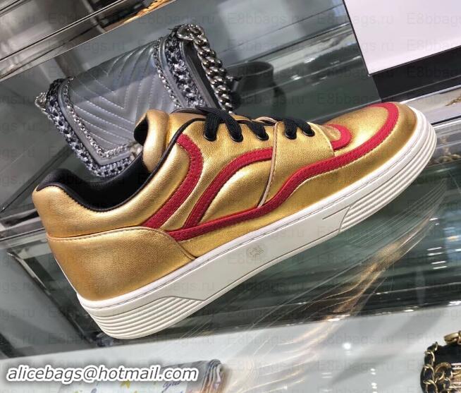 Best Product Chanel Logo Satin Finish Lambskin Sneakers G35063 Metallic Gold/Fuchsia 2019