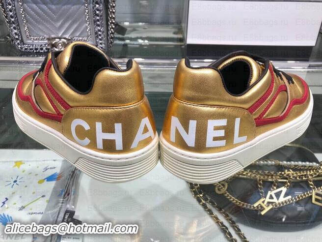 Best Product Chanel Logo Satin Finish Lambskin Sneakers G35063 Metallic Gold/Fuchsia 2019