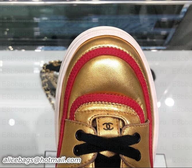 Best Product Chanel Logo Satin Finish Lambskin Sneakers G35063 Metallic Gold/Fuchsia 2019