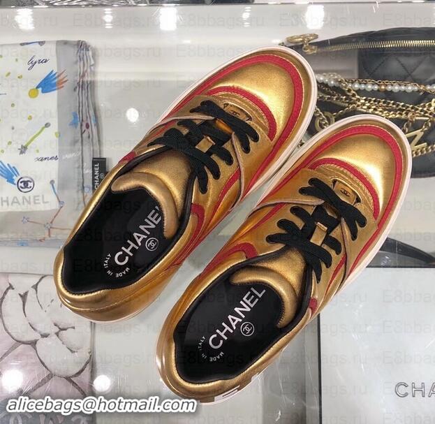 Best Product Chanel Logo Satin Finish Lambskin Sneakers G35063 Metallic Gold/Fuchsia 2019