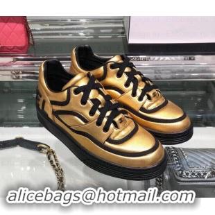 Sumptuous Chanel Logo Satin Finish Lambskin Sneakers G35063 Metallic Gold/Black 2019