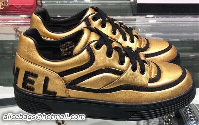 Sumptuous Chanel Logo Satin Finish Lambskin Sneakers G35063 Metallic Gold/Black 2019