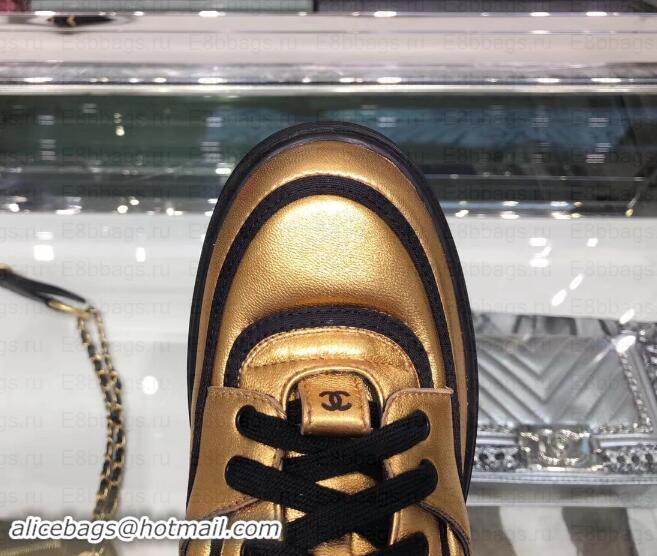 Sumptuous Chanel Logo Satin Finish Lambskin Sneakers G35063 Metallic Gold/Black 2019