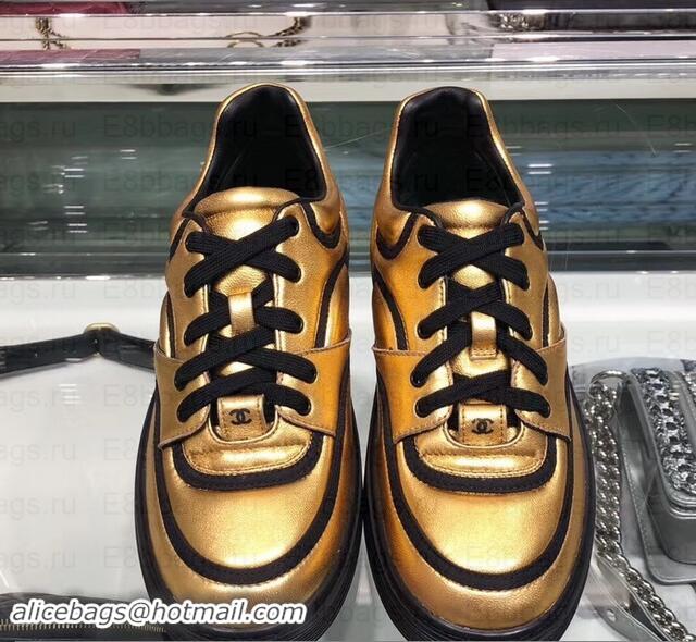 Sumptuous Chanel Logo Satin Finish Lambskin Sneakers G35063 Metallic Gold/Black 2019