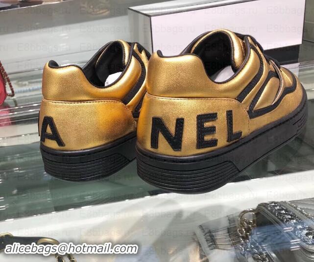 Sumptuous Chanel Logo Satin Finish Lambskin Sneakers G35063 Metallic Gold/Black 2019