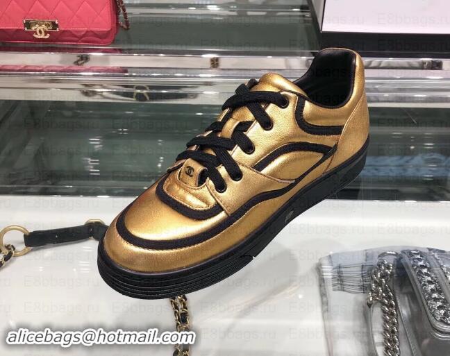 Sumptuous Chanel Logo Satin Finish Lambskin Sneakers G35063 Metallic Gold/Black 2019