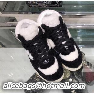 Low Price Chanel Logo Shearling and Suede Calfskin High-top Sneakers G35194 Black/White 2019