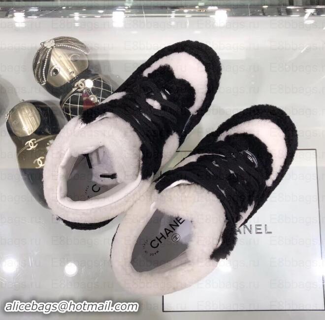 Low Price Chanel Logo Shearling and Suede Calfskin High-top Sneakers G35194 Black/White 2019