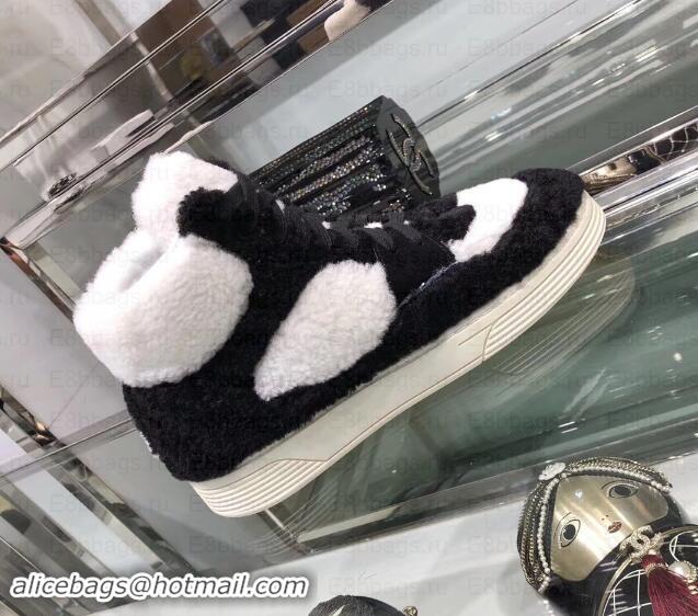 Low Price Chanel Logo Shearling and Suede Calfskin High-top Sneakers G35194 Black/White 2019