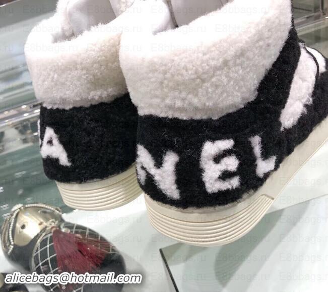 Low Price Chanel Logo Shearling and Suede Calfskin High-top Sneakers G35194 Black/White 2019