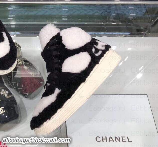 Low Price Chanel Logo Shearling and Suede Calfskin High-top Sneakers G35194 Black/White 2019