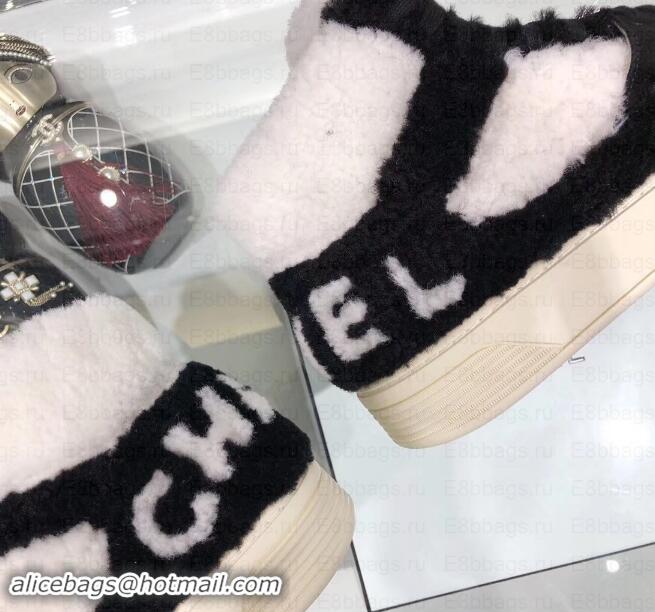 Low Price Chanel Logo Shearling and Suede Calfskin High-top Sneakers G35194 Black/White 2019