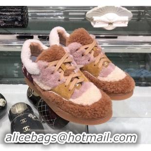 Good Looking Chanel Logo Shearling and Suede Calfskin Sneakers G35195 Brown/Pink 2019