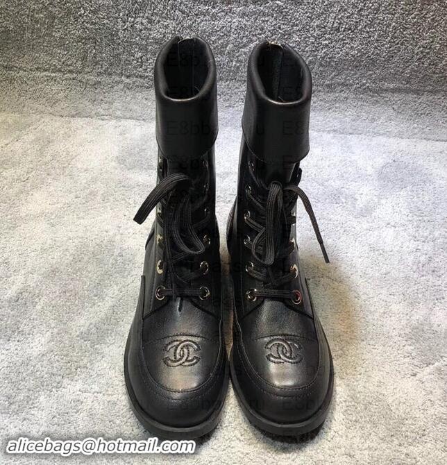 Fashion Chanel CC Logo Pearl Calfskin Lace-Ups Ankle Boots C101601 Black 2019