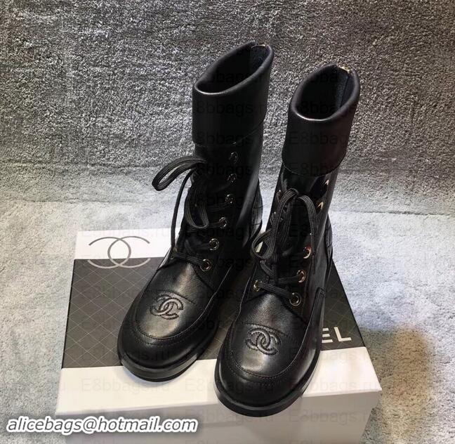 Fashion Chanel CC Logo Pearl Calfskin Lace-Ups Ankle Boots C101601 Black 2019