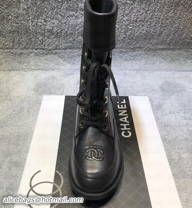 Fashion Chanel CC Logo Pearl Calfskin Lace-Ups Ankle Boots C101601 Black 2019