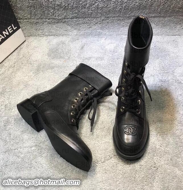 Fashion Chanel CC Logo Pearl Calfskin Lace-Ups Ankle Boots C101601 Black 2019