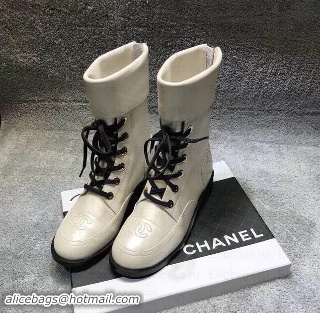 Luxury Chanel CC Logo Pearl Calfskin Lace-Ups Ankle Boots C101601 Creamy 2019