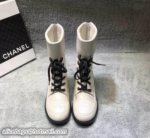 Luxury Chanel CC Logo Pearl Calfskin Lace-Ups Ankle Boots C101601 Creamy 2019