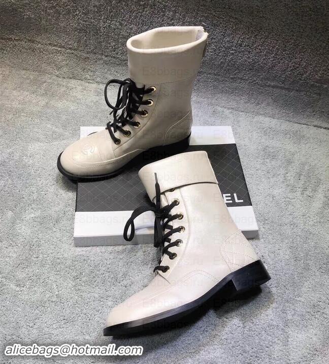 Luxury Chanel CC Logo Pearl Calfskin Lace-Ups Ankle Boots C101601 Creamy 2019