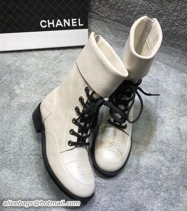 Luxury Chanel CC Logo Pearl Calfskin Lace-Ups Ankle Boots C101601 Creamy 2019