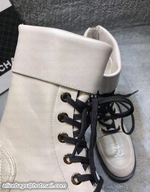 Luxury Chanel CC Logo Pearl Calfskin Lace-Ups Ankle Boots C101601 Creamy 2019