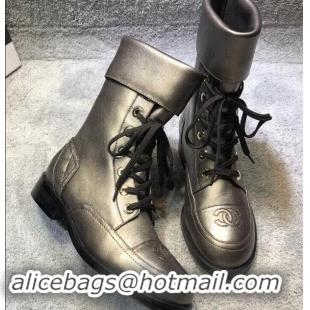 Pretty Style Chanel CC Logo Pearl Calfskin Lace-Ups Ankle Boots C101601 Gun Color 2019