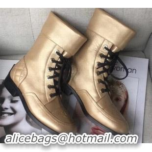 Shop Duplicate Chanel CC Logo Pearl Calfskin Lace-Ups Ankle Boots C101601 Gold 2019