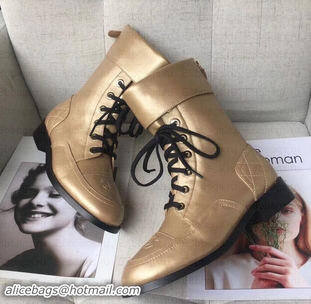 Shop Duplicate Chanel CC Logo Pearl Calfskin Lace-Ups Ankle Boots C101601 Gold 2019