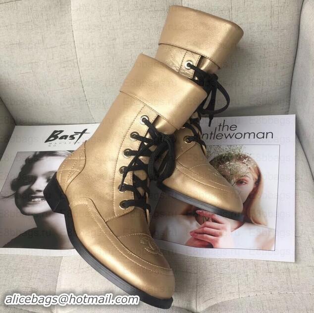 Shop Duplicate Chanel CC Logo Pearl Calfskin Lace-Ups Ankle Boots C101601 Gold 2019