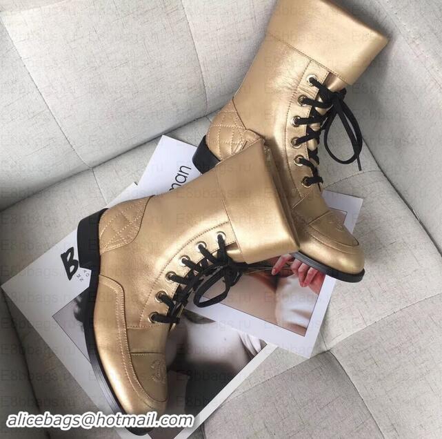 Shop Duplicate Chanel CC Logo Pearl Calfskin Lace-Ups Ankle Boots C101601 Gold 2019