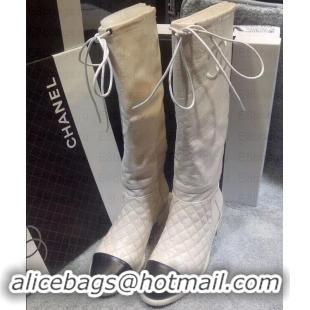 Luxury Chanel Heel 4cm CC Logo Quilting Crinkled Calfskin High Boots Creamy C101602