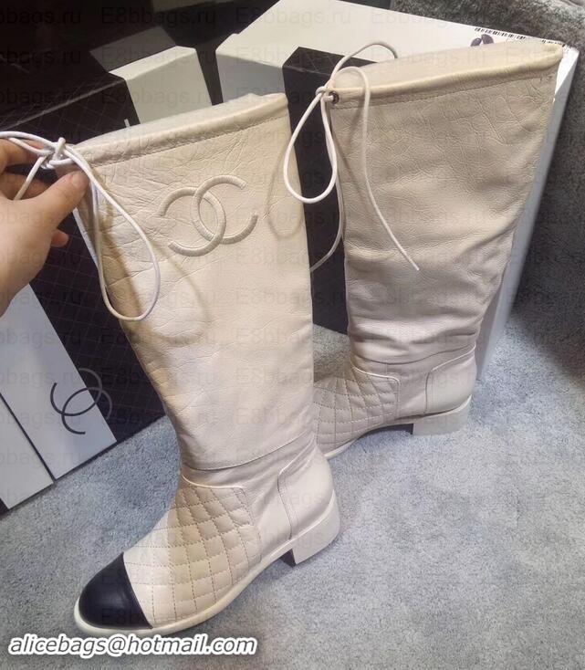 Luxury Chanel Heel 4cm CC Logo Quilting Crinkled Calfskin High Boots Creamy C101602