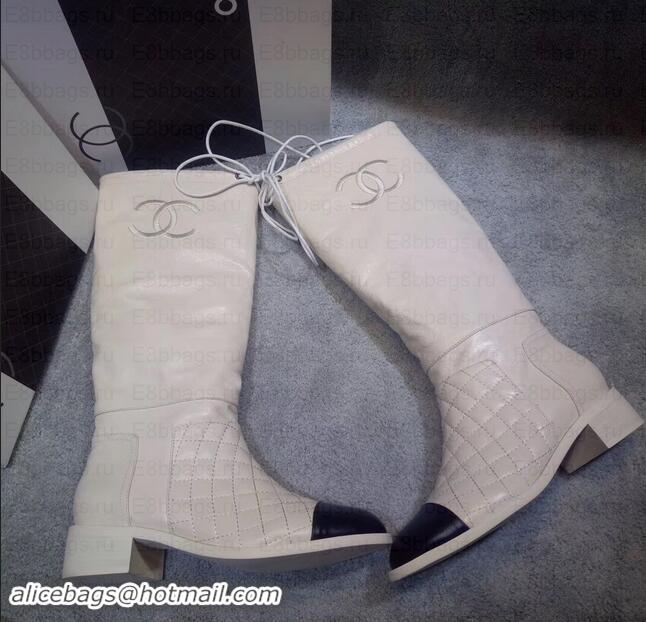 Luxury Chanel Heel 4cm CC Logo Quilting Crinkled Calfskin High Boots Creamy C101602