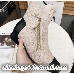 Fashion Chanel Heel 3cm CC Logo Quilting Pearl Ankle Boots C101605 Beige/Black 2019