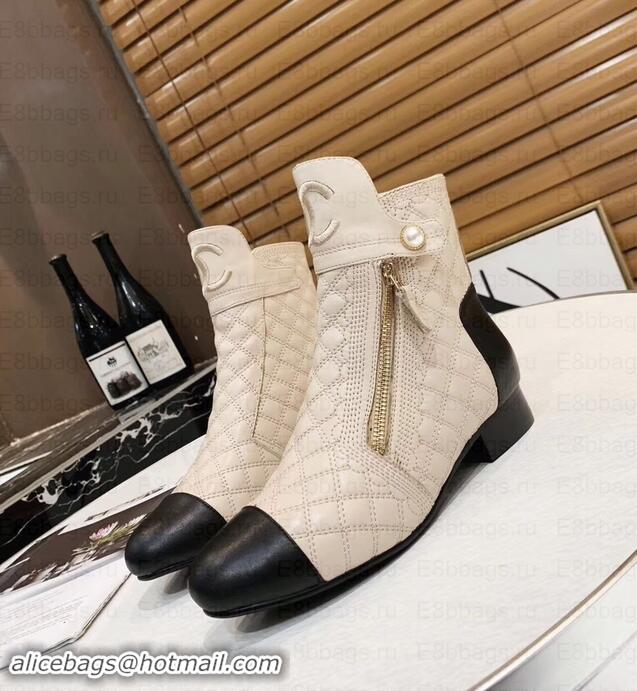 Fashion Chanel Heel 3cm CC Logo Quilting Pearl Ankle Boots C101605 Beige/Black 2019