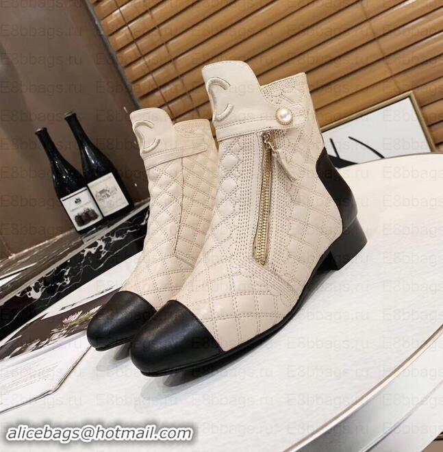 Fashion Chanel Heel 3cm CC Logo Quilting Pearl Ankle Boots C101605 Beige/Black 2019