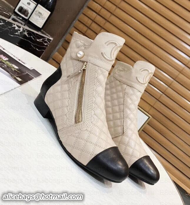 Fashion Chanel Heel 3cm CC Logo Quilting Pearl Ankle Boots C101605 Beige/Black 2019